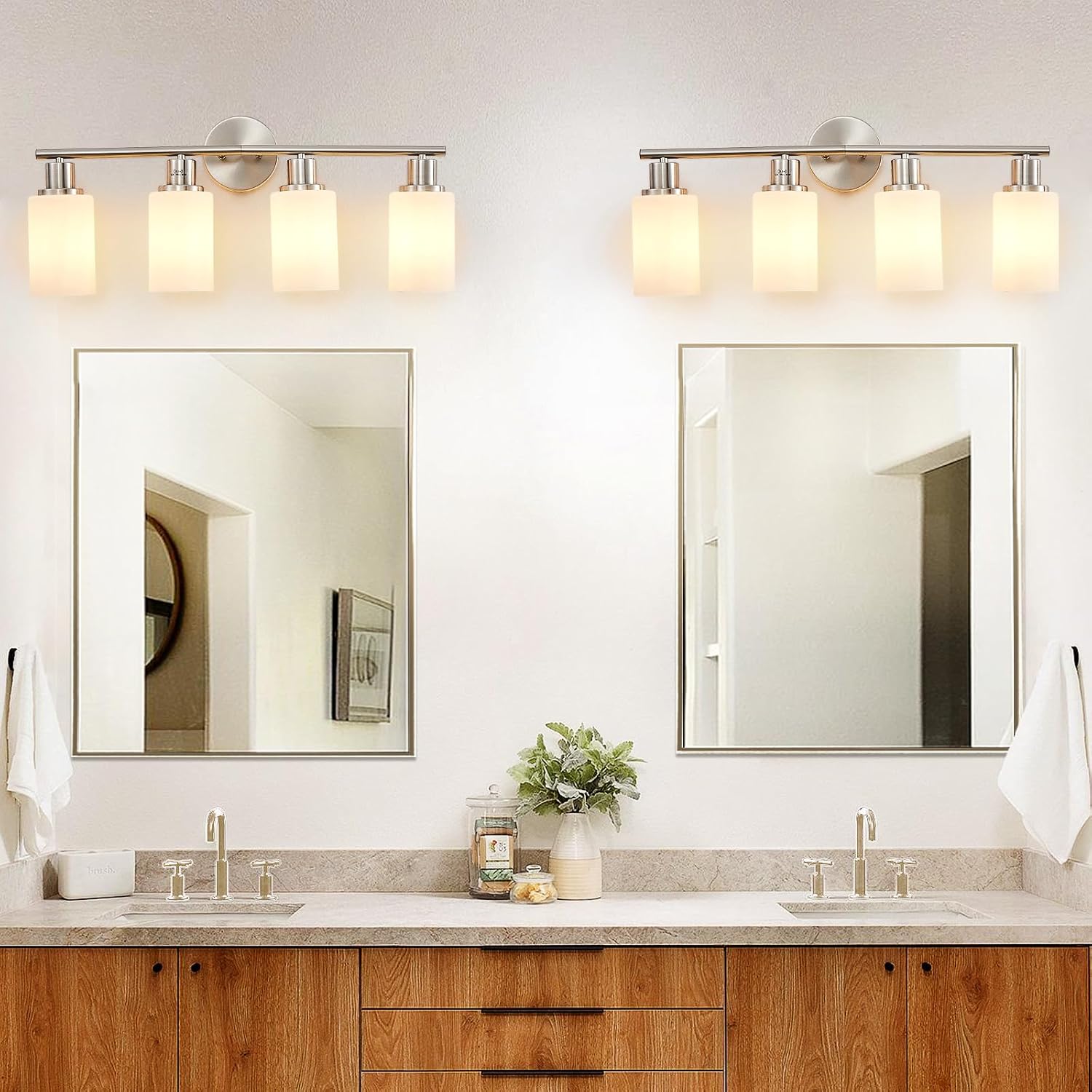 DLLT 4-Light Bathroom Light Fixtures: Nickel Modern Vanity Lights with E26 Bulbs - Milky White Glass Shade Bathroom Wall Lamp for Mirror Kitchen Living Room Hallway Cabinet Porch