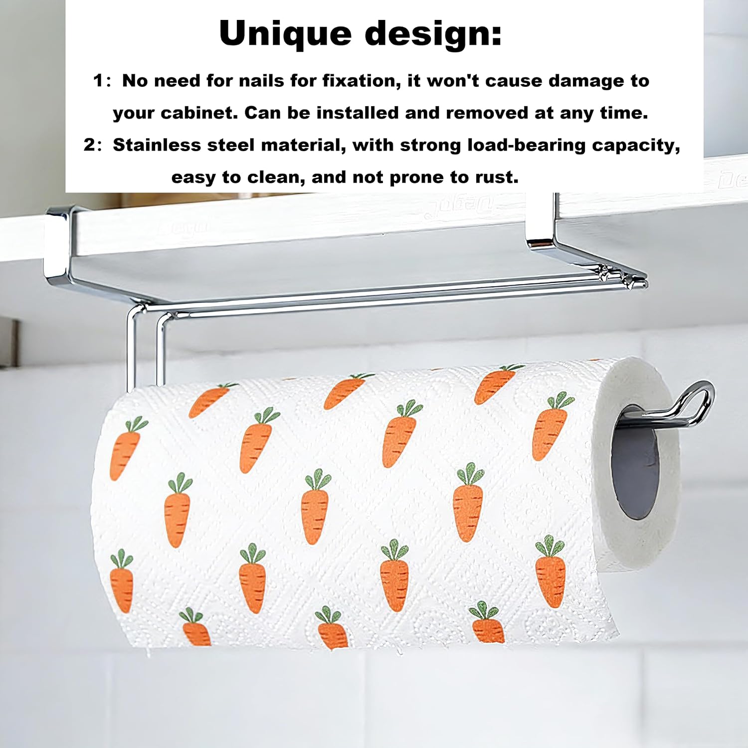 2 Pack No Drill 304 Stainless Steel Under Cabinet Paper Towel Holder | Embedded fit for boards ≤1.1", dual mount, damage-free for kitchen bathroom RV storage