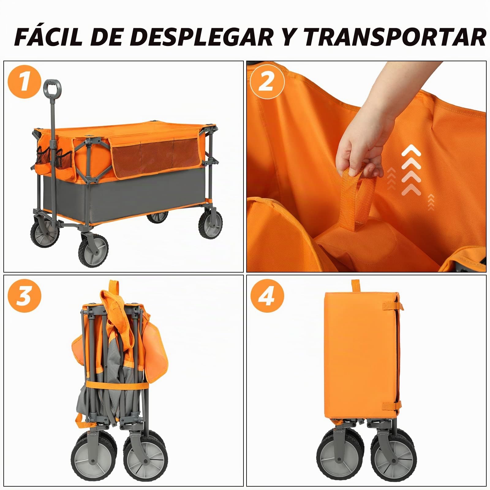 PORTAL Carro de Mano Plegable 228L con Bolsillo Lateral portavasos Carro Plegable Profundo para el jardín de Camping en la Playa