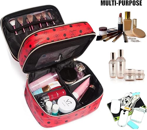Miniatura 4 de LACATTURA Bolsa de maquillaje de viaje para mujer, bolsa de cosméticos de cuero, Rojo-L, Bolsa de maquillaje de doble capa