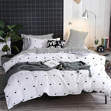 Omelas Kids Heart Love Twin Duvet Cover Set Black and White Teens Girls Lovely Heart-Shaped Pattern Striped Reversible Beddin