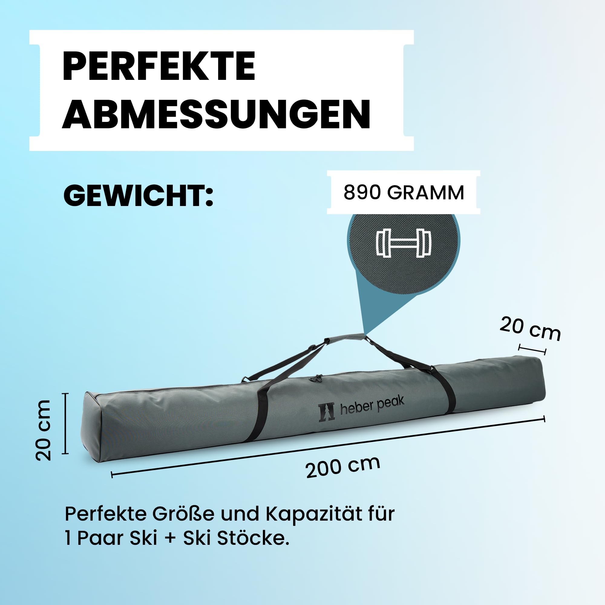 Skitasche wasserfest CedarHe. Ski Bag Basic – Skisack 200 cm für 1 Paar Ski & Stöcke – Skihülle robust & wetterfest, mit Zwei-Wege-Reißverschluss & gepolstertem Tragegriff