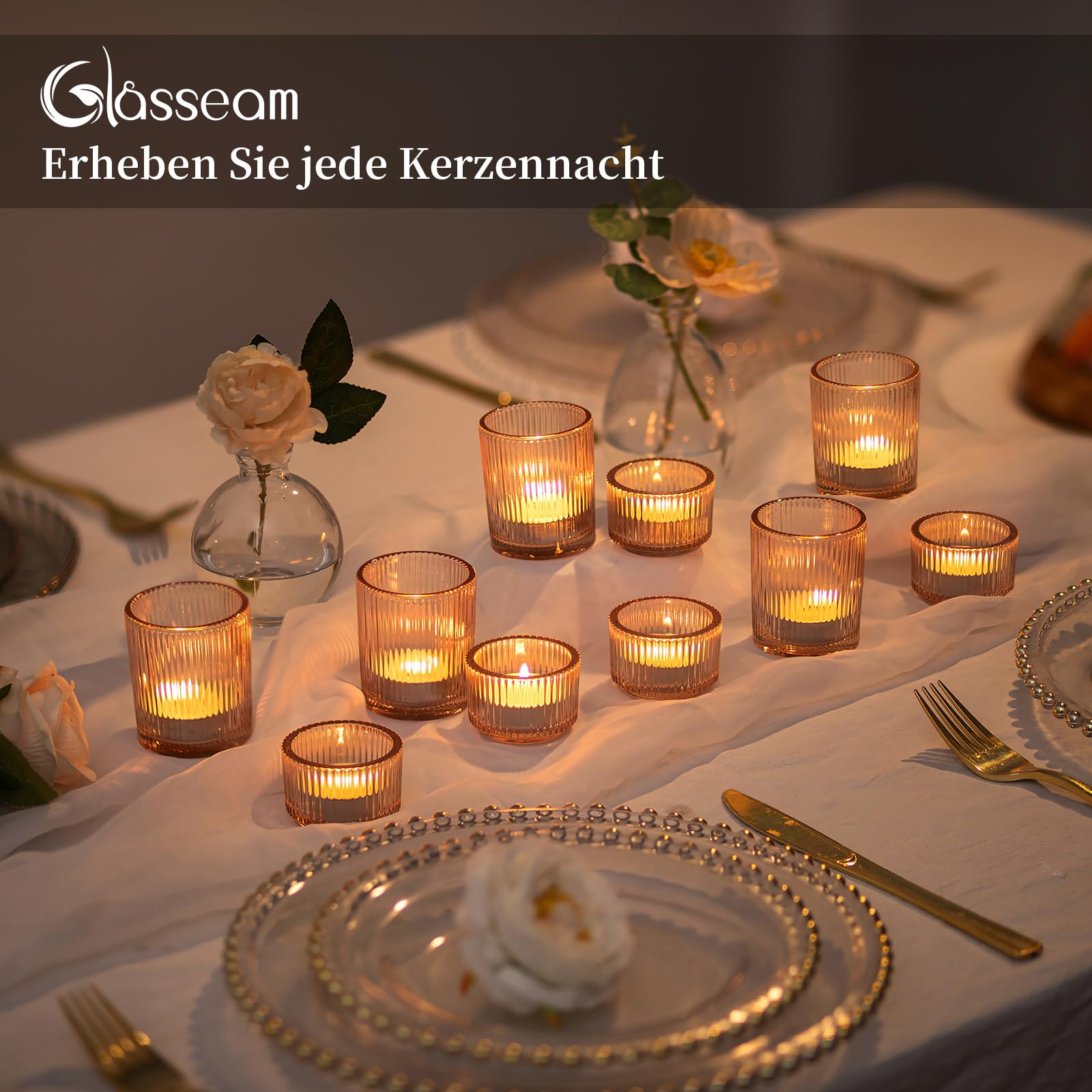 Glasseam Teelichtgläser Gold Teelichthalter Glas: 24er Set Teelichtglas Gerippt Teelicht Gläser für Tischdeko Klein Kerzengläser Votivkerzenhalter für Tisch Weihnachten Hochzeit Deko