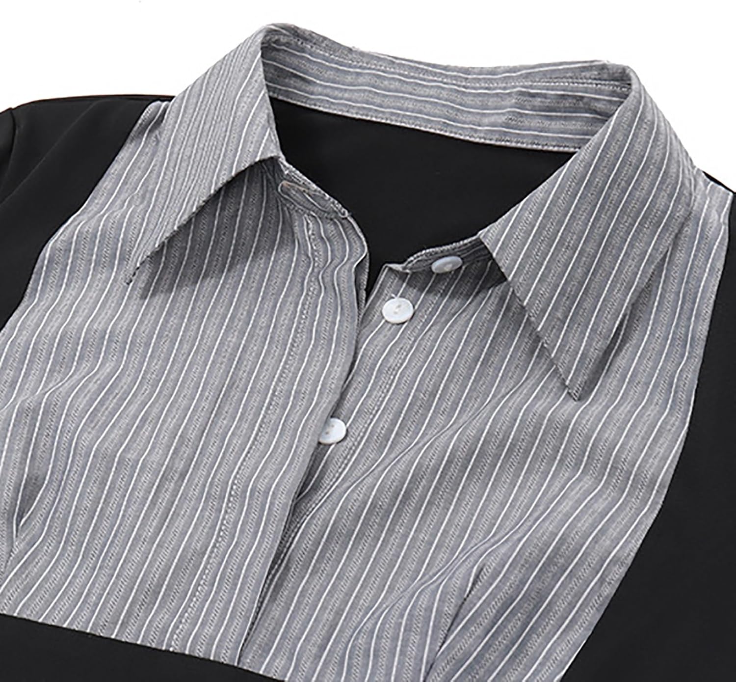 CORIRESHA Women's Fashion Contrast Stripe Shirt Collared Long Sleeve Button Slim Blouse - Image 7