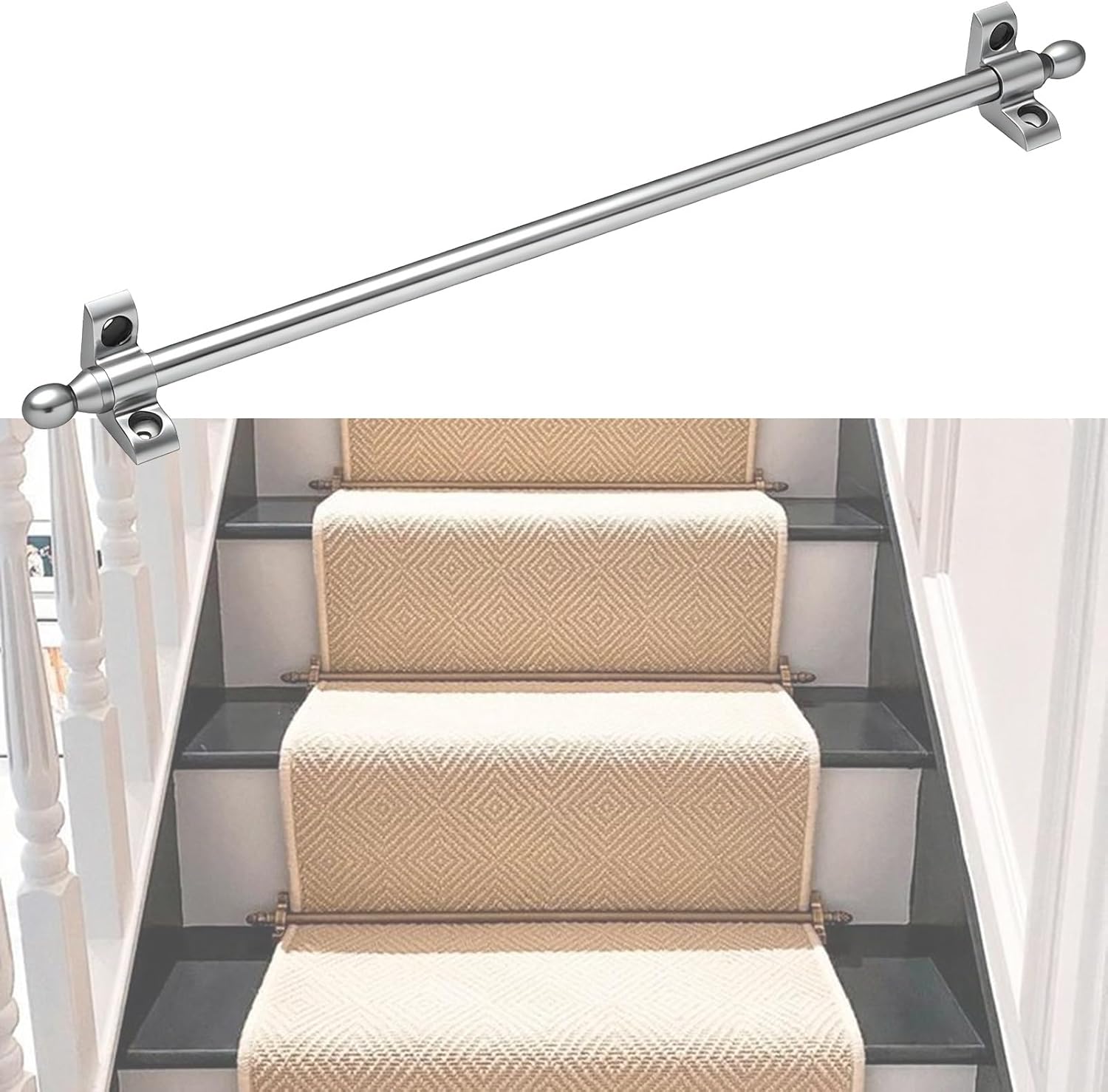 Brass Stair Rods Set of 13-32" Silver Fixed Carpet Rods with Elegant Oval Finials for Home, Hotel, Restaurant & Theater Decoration,Silver,32in(81cm)