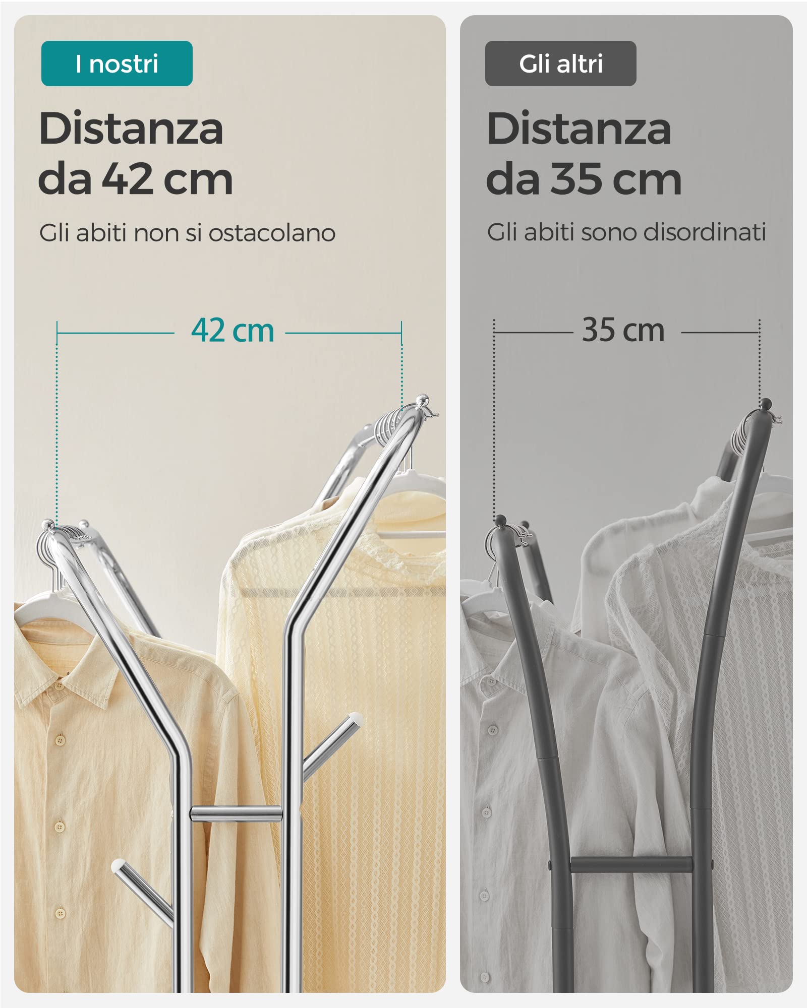 SONGMICS Stand Appendiabiti Doppio, Attaccapanni con Ruote, Struttura in Acciaio, Portata fino a 100 kg, Larghezza di 103,5 cm, Multifunzione, Color Argento HSR107E01