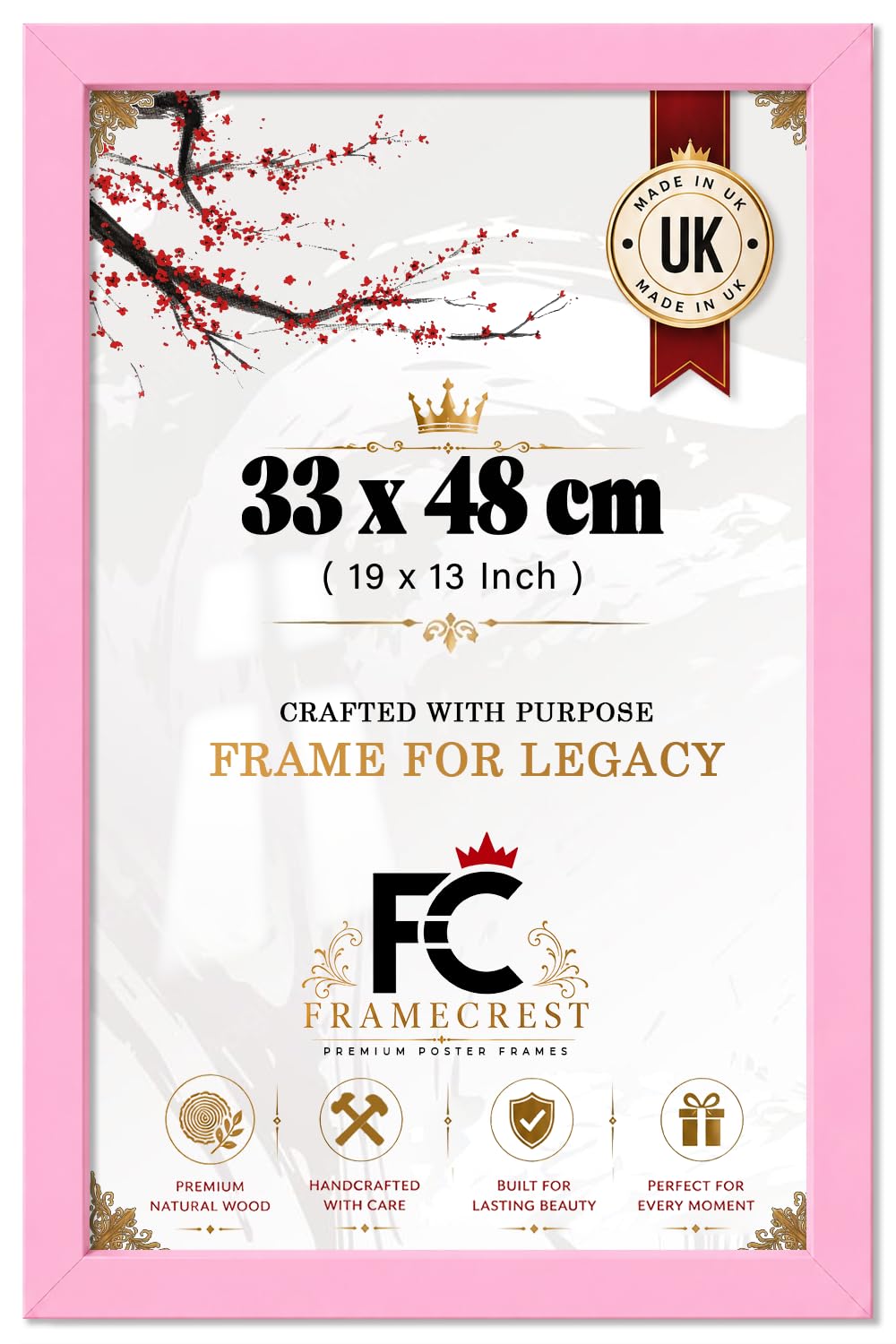 FRAMECREST LTD (33 X 48 CM A3 Plus Poster Frame With Perspex Sheet For Wall Mount Portrait Prints, Minimalist Pink A3 Picture Frame For Gallery Or Office, Solid Engineered Wood - [Pink]