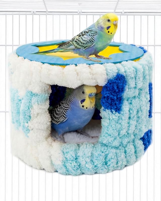Ninho para aves de gaiola em fleece coral e feltro TriGia Paws com suporte e almofada azul – 1 unidade