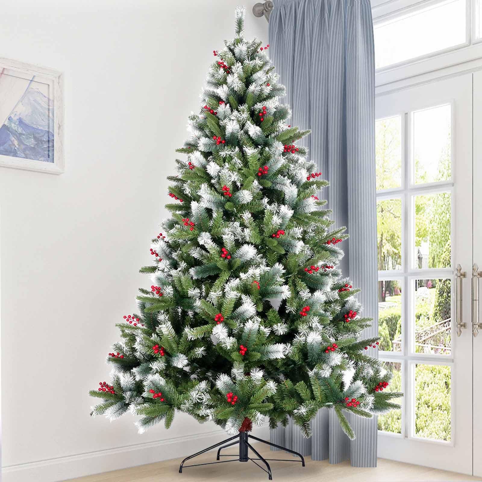 Künstlicher Weihnachtsbaum mit Metallständer, rote Früchte, beflockter Schnee, aufklappbarer Weihnachtsbaum für die Weihnachtsdekoration (1,52 m)