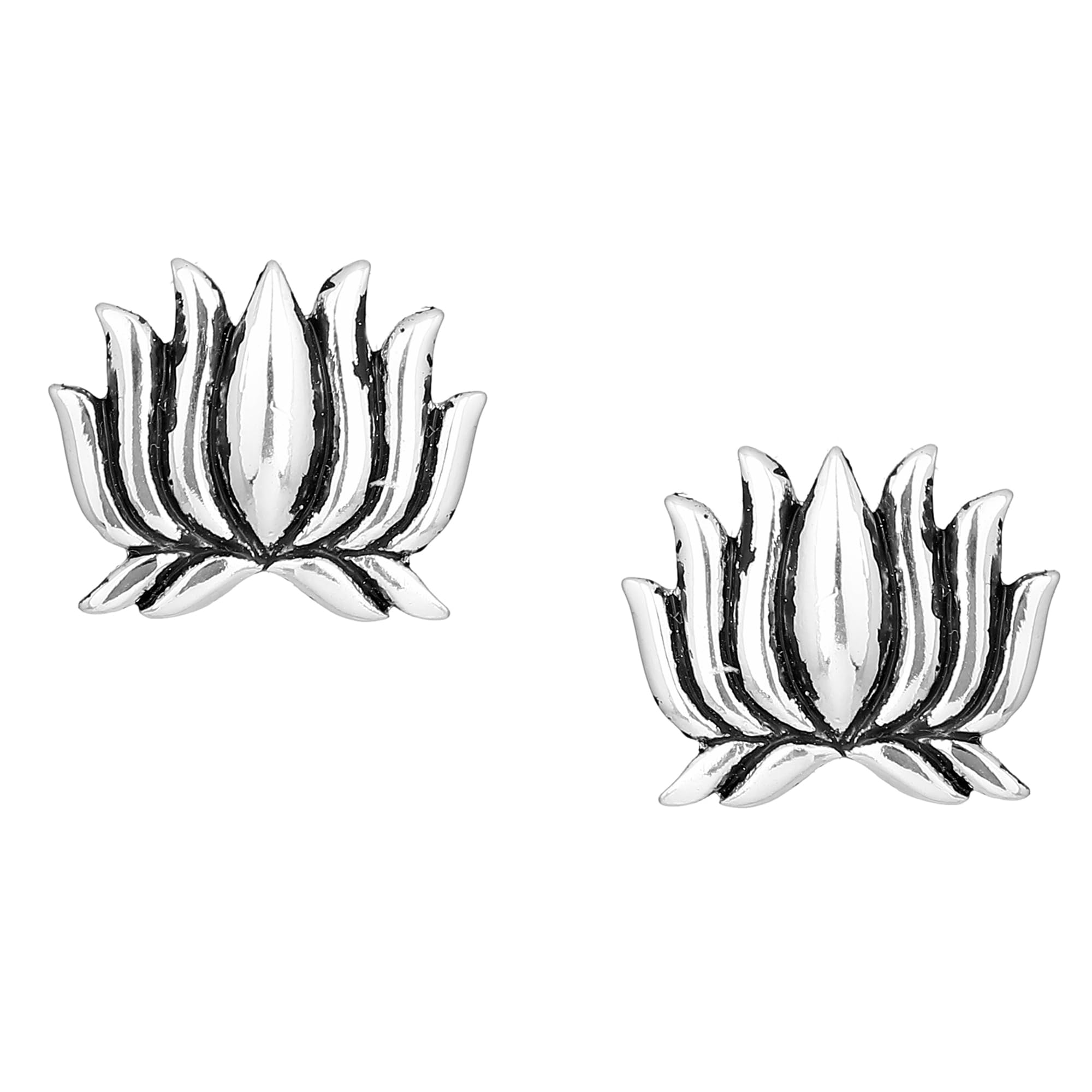 Estele Oxidized Silver Plated Lotus Shaped Stud Earrings For Women