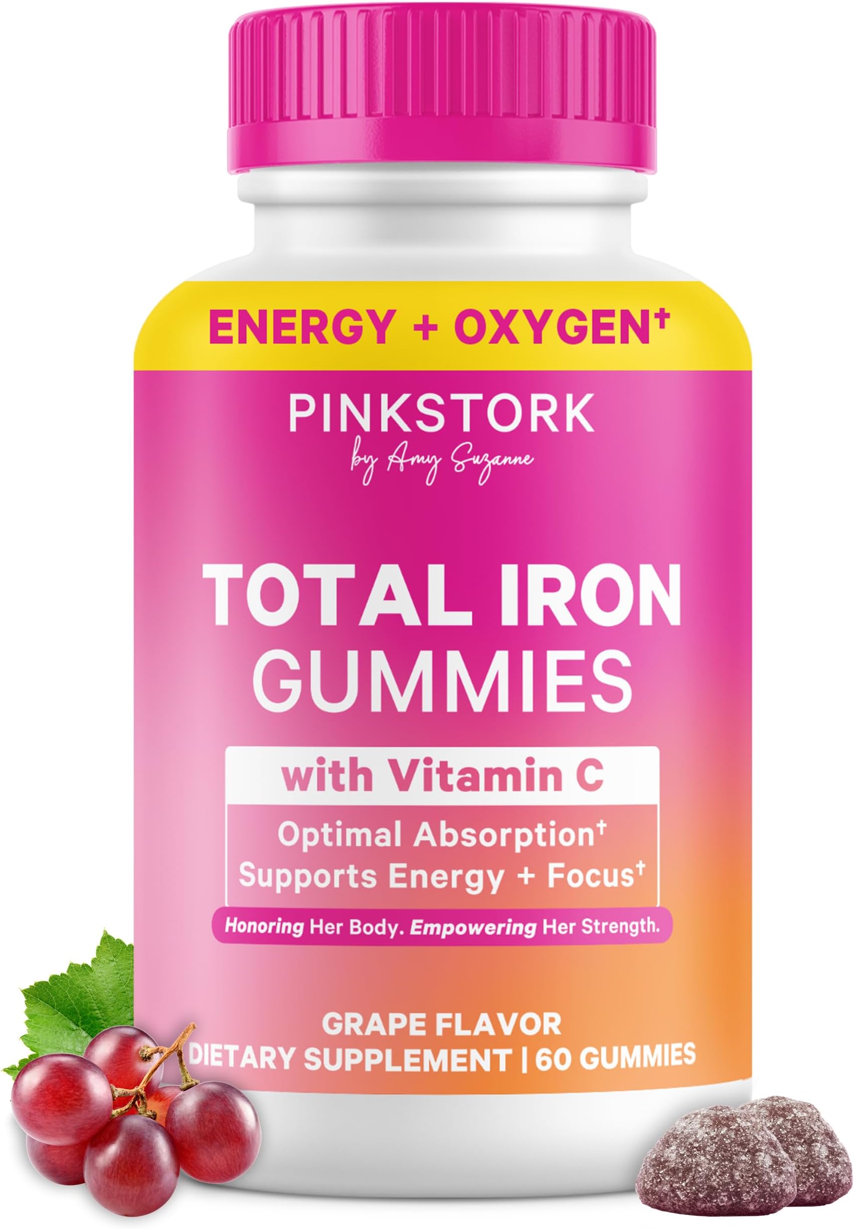 Pink Stork Prenatal Iron Supplement Gummies for Women - 20 mg with Vitamin C - Grape Chewable for Deficiency, Energy, & Blood Builder - 60 Gummy Chews