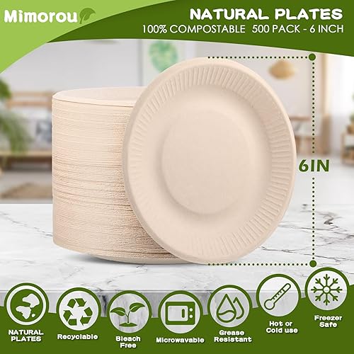 Miniatura 3 de 500 platos de papel 100% compostables a granel, platos de papel desechables de caña de azúcar, color marrón, a granel, pequeños, postres,