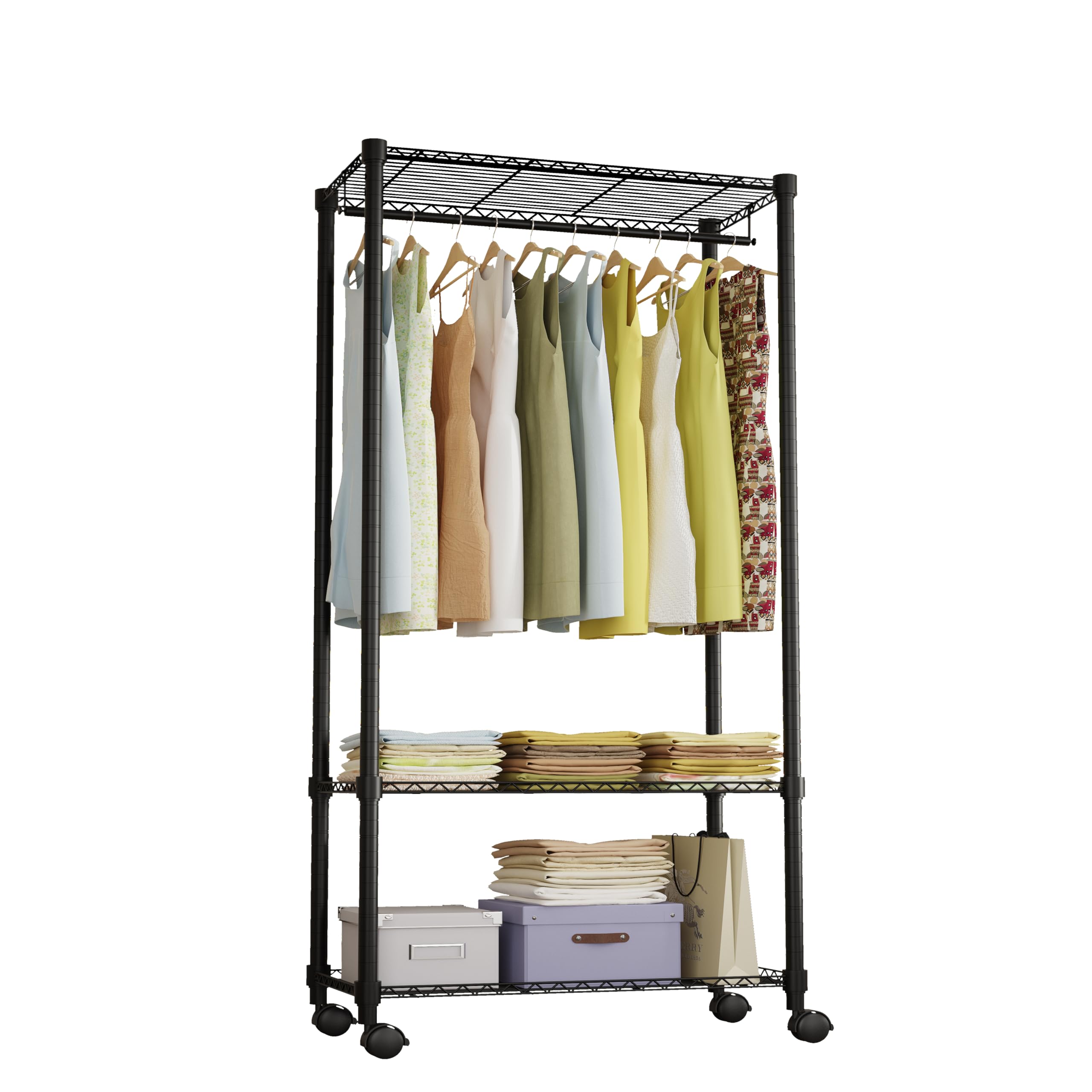 Yoogaa Black Portable Closets 3-Tier Clothes Garment Rack Adjustable Shelves With Hanging Rod Heavy-Duty Storage Organizer Clothing Closet Storage And Organizer Wardrobe For Bedroom Cloakroom Laundry Room