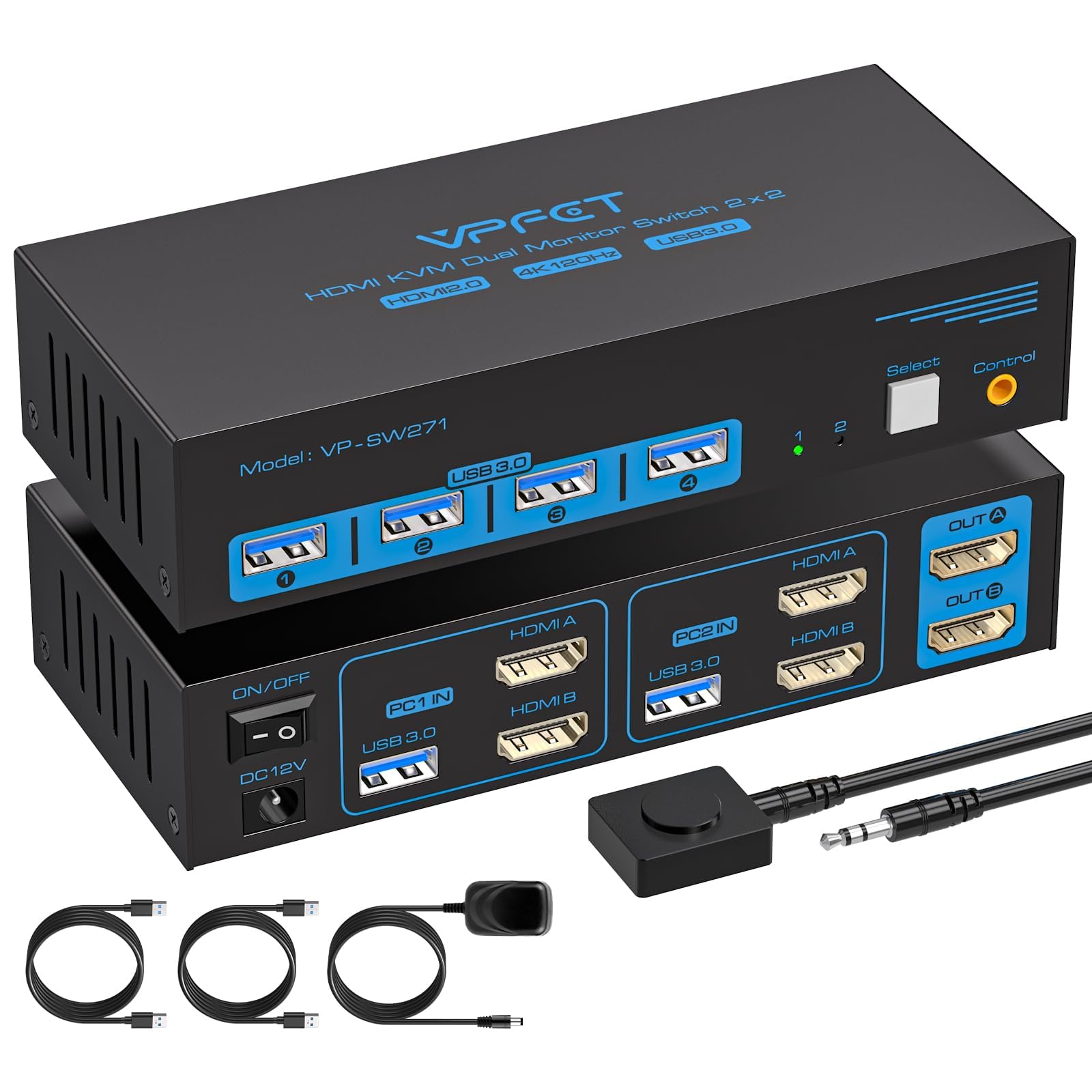 4K 120Hz HDMI KVM Switch 2 PC 2 Monitor 8K 60Hz USB 3.0 Commutateur KVM pour 2 Ordinateurs pour Oartager Deux Moniteurs et 4 Périphériques USB Tels que Claviers, Souris