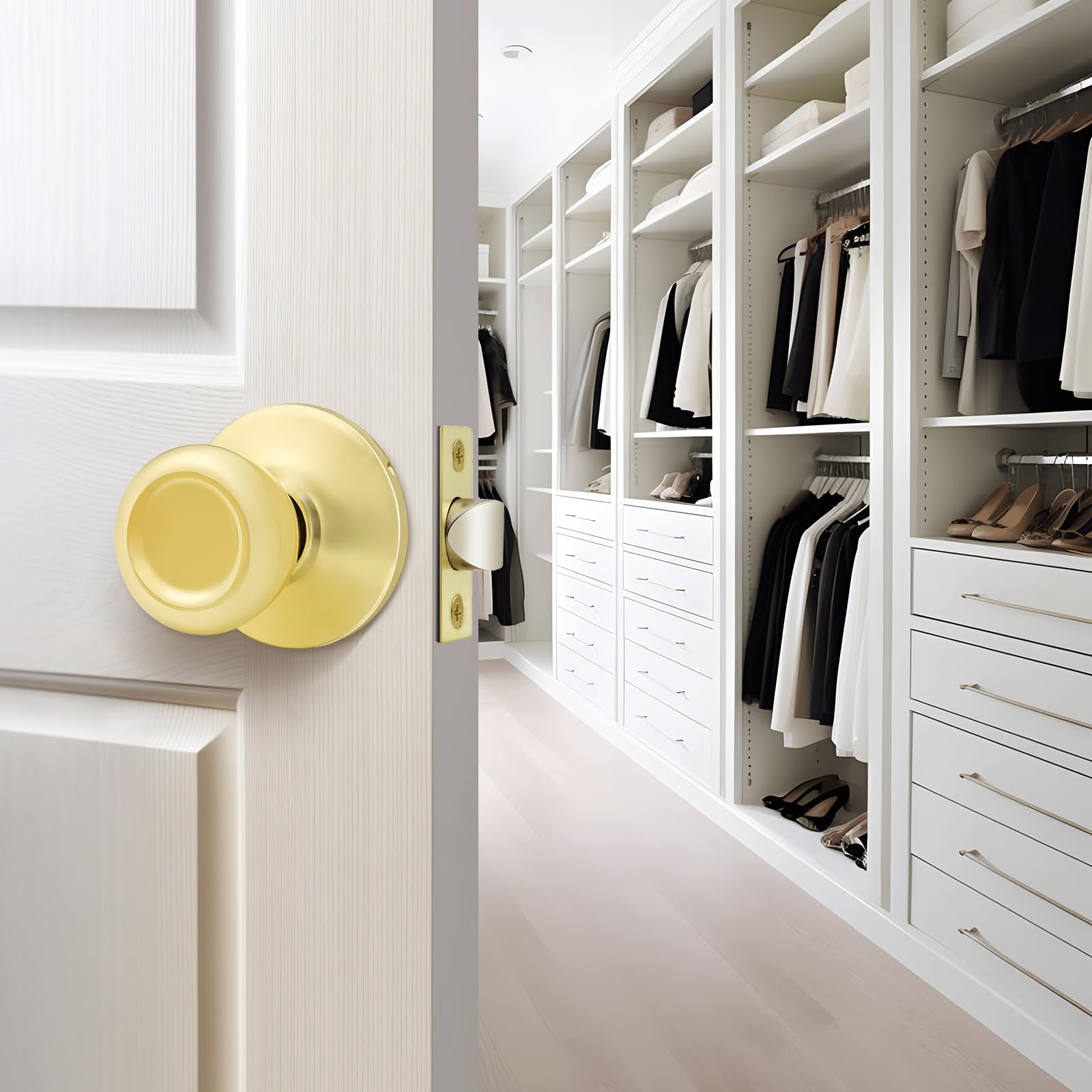 GOBEKOR Passage Door Knobs - 2 Pack Polished Brass -7