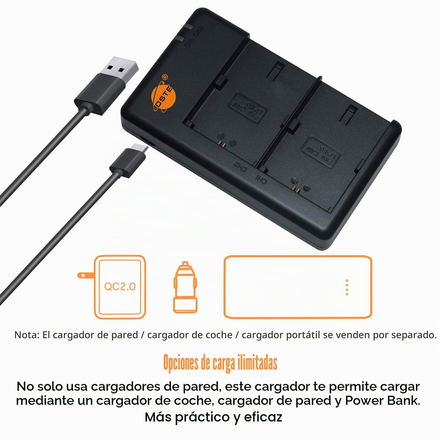 DSTE 2PCS LP-E6 LP-E6N (2600mAh/7.4V) Batería Cargador Compatible para Canon EOS R, EOS 5D Mark II, EOS 5D Mark III, EOS 6D, EOS 7D, EOS 60D, EOS 60Da, EOS 70D, EOS 90D, XC10, XC15