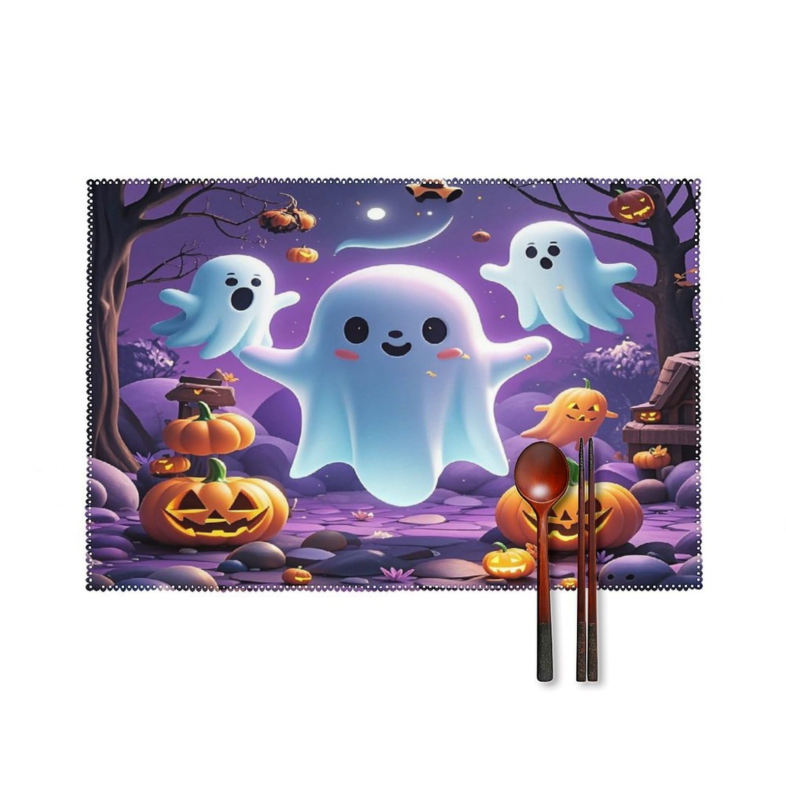Ghost Pumpkin Placemats Set of 6 Heat-Resistant Washable Place Mats Wipeable Kitchen Placemat Easy to Clean for Indoor Outdoor Party Kitchen Decoration