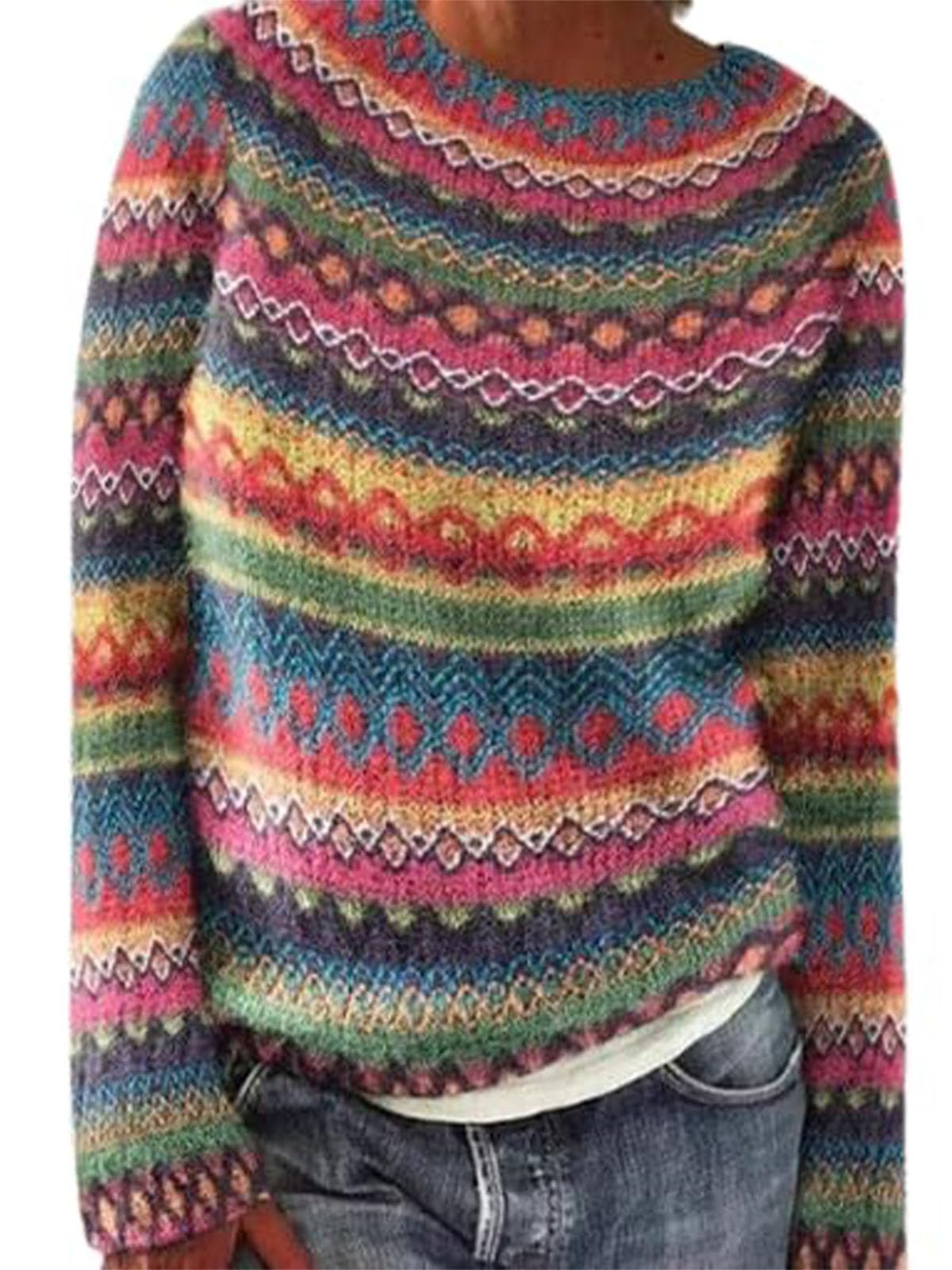 Zhyaj Womens Fair Isle Sweaters Trendy Fall Winter Casual Vintage Striped Crewneck Long Sleeve Oversized Pullover Knitted Top