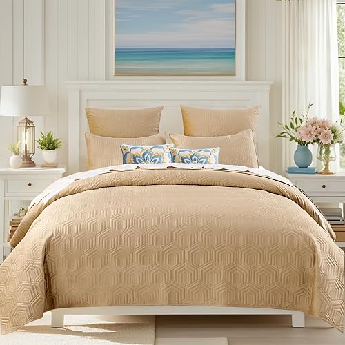 Querencia Juego de edredón de terciopelo de lujo tamaño Queen, edredón beige tostado, edredón geométrico acolchado, colcha bordada, ropa de cama