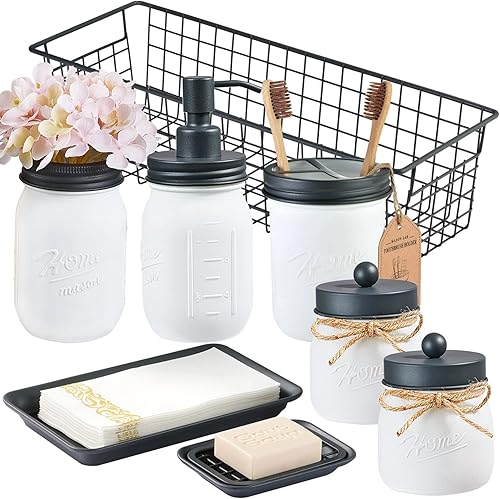 Juego de 8 piezas de accesorios de baño con tarro Mason blanco - Dispensador de jabón de loción soporte para cepillo de dientes 2 botes de boticario