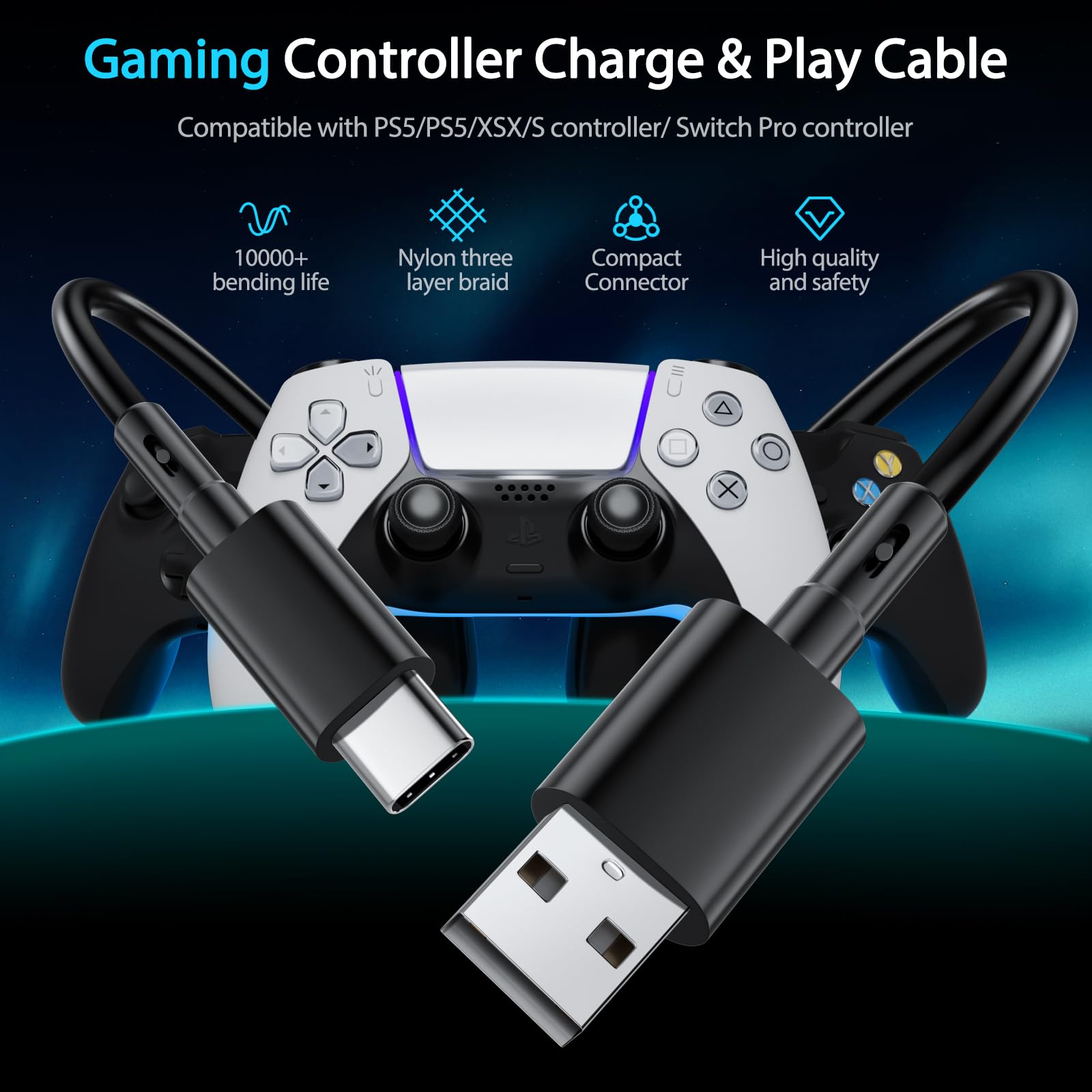 Câble de charge pour manette PS5 pour Xbox Series X S, câble USB C de 3 m pour Sony Playstation 5, câble de charge de type C pour Nintendo Switch, 3 mètres