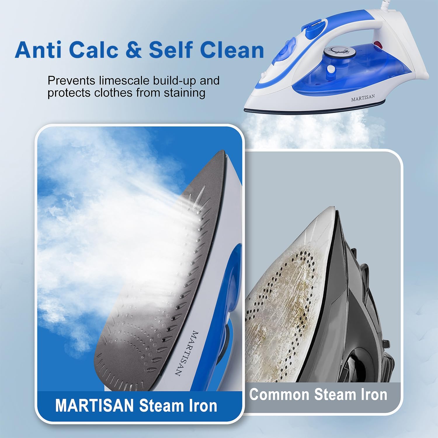 Martisan Steam Iron for Clothes, Multi-Temperature, Effective Wrinkle Removal, Rapid Use, Fast Heating, Powerful Steam Diffusion, Light Weight, Self-Cleaning, Blue