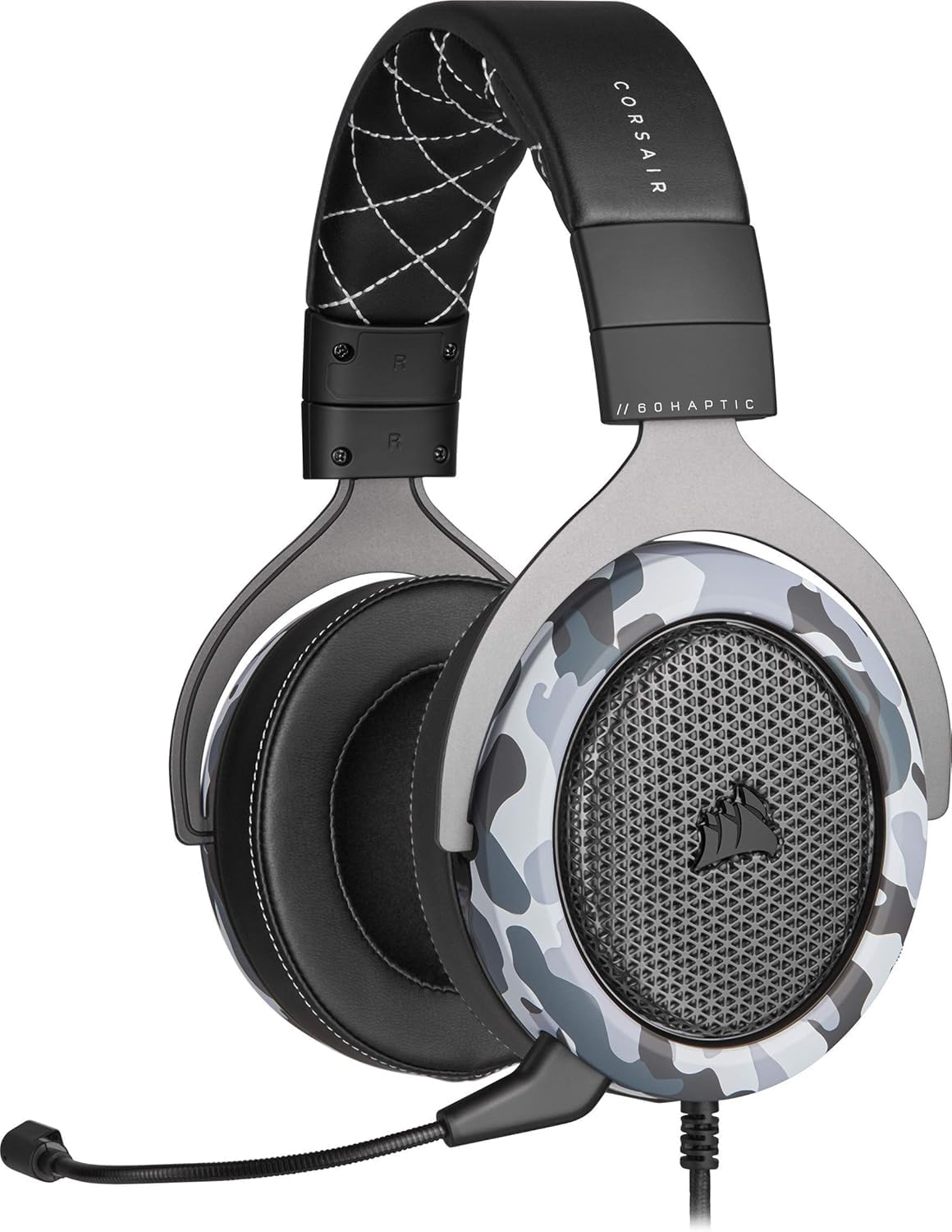Corsair HS60 HAPTIC Casque Gaming Stéréo avec Basse Haptique (Basse Haptique Optimisée par Taction Technology, Oreillettes Rembourrées de Mousse à Mémoire, Microphone Amovible) Camo