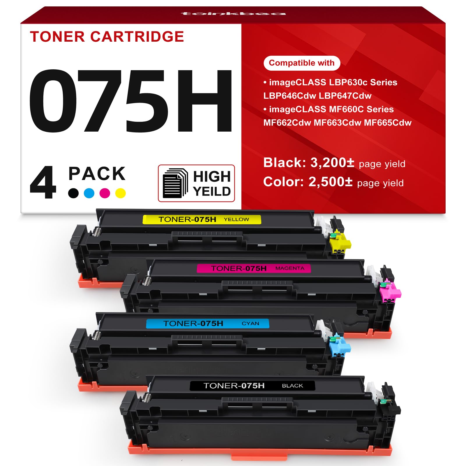 Photo 1 of 075H High Capacity Toner Cartridge MF665CDW Compatible Replacement for Canon 075H 075 H toner cartridge set for imageCLASS MF665Cdw MF663Cdw MF662Cdw LBP646Cdw LBP647Cdw MF660C LBP640C Printer, 4-Pack