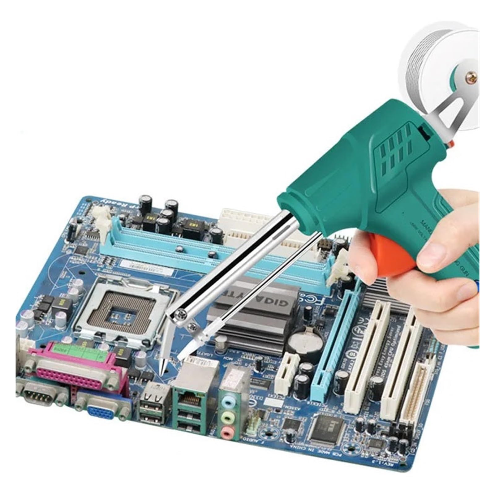 Kit De Pistola For Soldar Electrónico De 60W, Pistola De Soldar De Estaño Duradera Con Interruptor De Luz, Equipo De Calor Externo For Microchip Ampliamente Utilizado(6 pcs Kit with Stand)