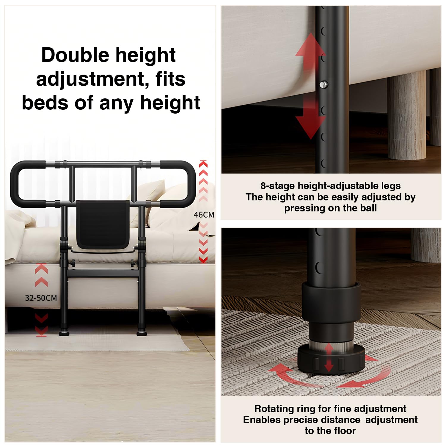 Guide da letto pieghevoli per anziani, donne incinte, bambini, con guide estraibili, altezza 79-97 cm, larghezza 83-109 cm, custodia e cintura di sicurezza