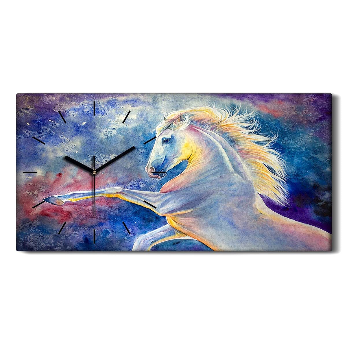 Horloge sur Toile Grand Cheval Coloré 60x30cm avec Mains Noires Silencieuses