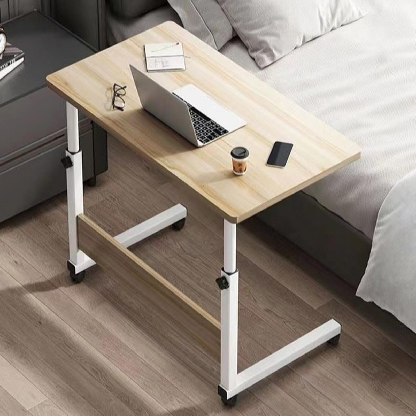 Scrivania portatile a forma di C con ruote, tavolo regolabile in altezza per mangiare e lavorare da casa, leggera, ideale per hobby e piccoli spazi
