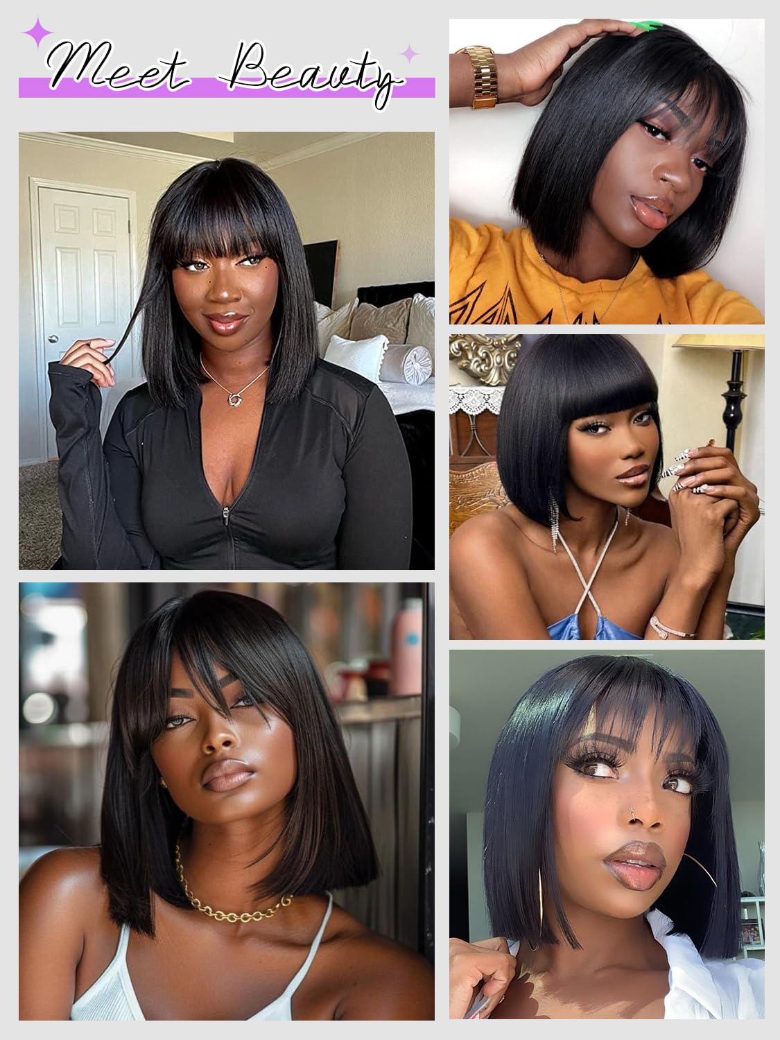 Bob Wig Human Hair 210% Density Bob Wig with Bangs 100% Human Hair Wigs for Black Women Pre-Bleached Glueless Straight Bob Wigs(10Inch,black bob wig)