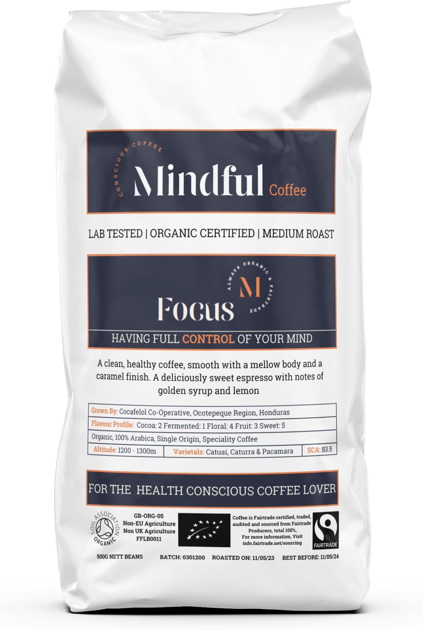 Focus 500g| Organic Clean Coffee Beans | Lab Tested - Mycotoxin Free| Freshly Roasted |Single Origin Speciality|Whole Beans