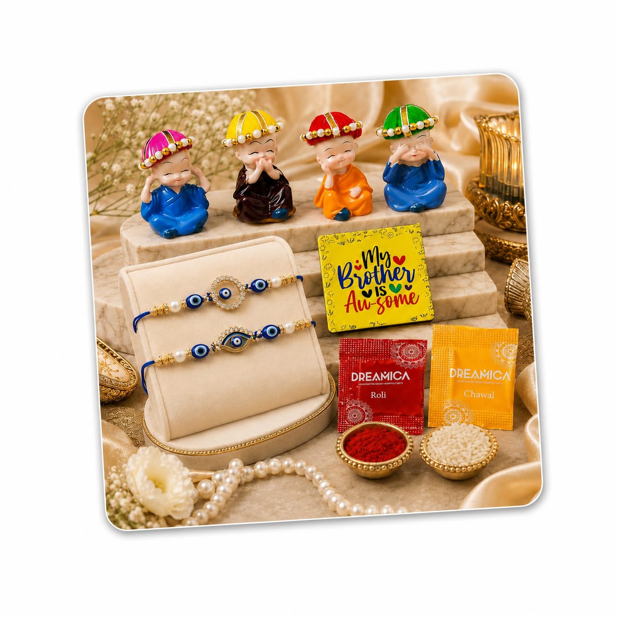 Dreamica Rakhi Gift Combo | Monk Buddha Showpiece Set with 2 Designer Rakhi, My Brother is Awesome Fridge Magnet, Greeting Card & Tilak Set | Raksha Bandhan Hamper for Brother-image-20