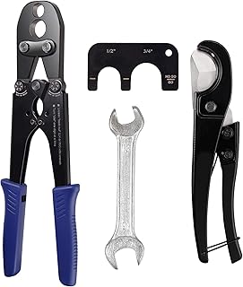 CAMWAY 15 inch Pex Pipe Copper Ring Crimper, PEX Cinch Crimping Tool, 1/2 and 3/4-inch Plumbing Crimping Tool for Copper Ring, with PEX Pipe Cutter, Go-No-go Gauge, Meet F1807 Standard