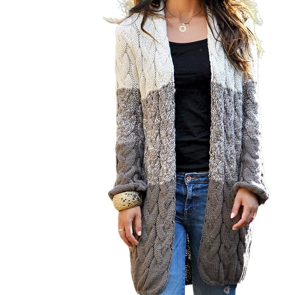 HGJH Strickjacke Damen, Damen Strickpullover Offen Mittellang Strickjacke Grob Gestrickt Retro Farbverlauf Braun Langarm Strickjacke Weich Elegante Leichte Herbstjacke Für Lässiges Business