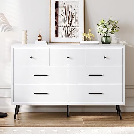 DWVO 7-Drawer Dresser in White Wood with Black Metal Handles, Anti-Tip Safety Feature, Modern Storage Cabinet for Living Room, Hallway, or Entryway