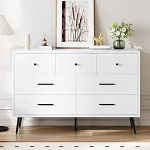 DWVO 7-Drawer Dresser in White Wood with Black Metal Handles, Anti-Tip Safety Feature, Modern Storage Cabinet for Living Room, Hallway, or Entryway