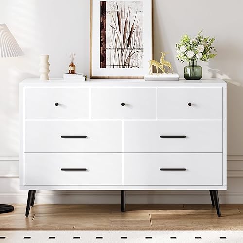 DWVO White 7 Drawer Dresser, 47" W Large Double Dresser Chest of Drawers, Modern Wood Storage Organizer with Black Metal Handles & Anti-Tipping Device for Hallway, Entryway