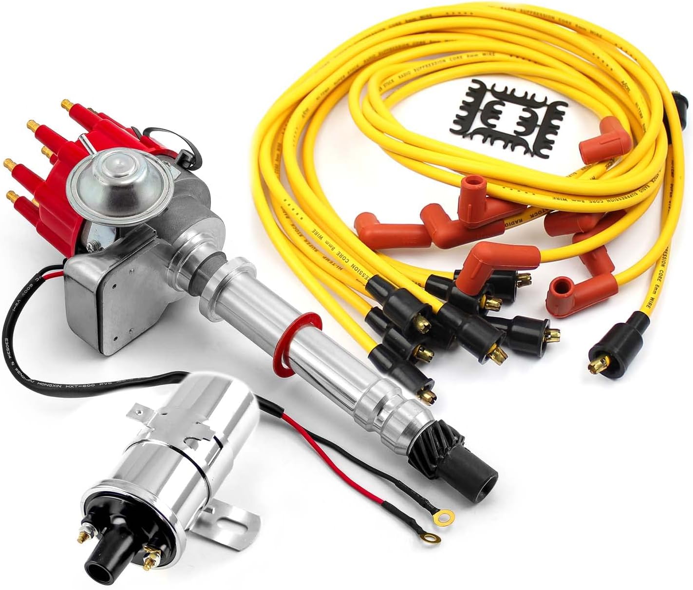 Speedmaster PCE385.1031 Compatible with Chevy SBC 350 BBC 454 Distributor (Vacuum) Red + Chrome Coil + Accel Wire Leads