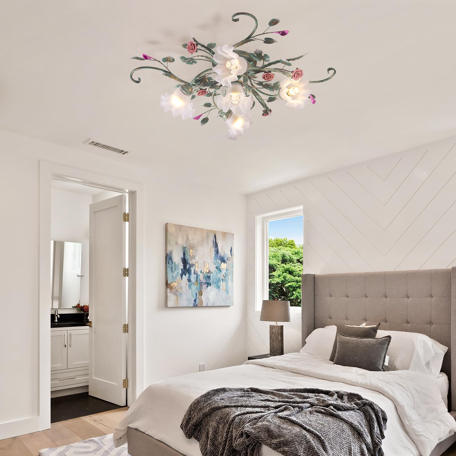 Deckenleuchte Landhaus,Vintage Blumen Design Metall Pendelleuchte, Kronleuchter Mit Glas Lampenschirm Und Rosa Rosen Keramik Für Wohnzimmer Schlafzimmer Restaurant Flur 5 Kopf Grün