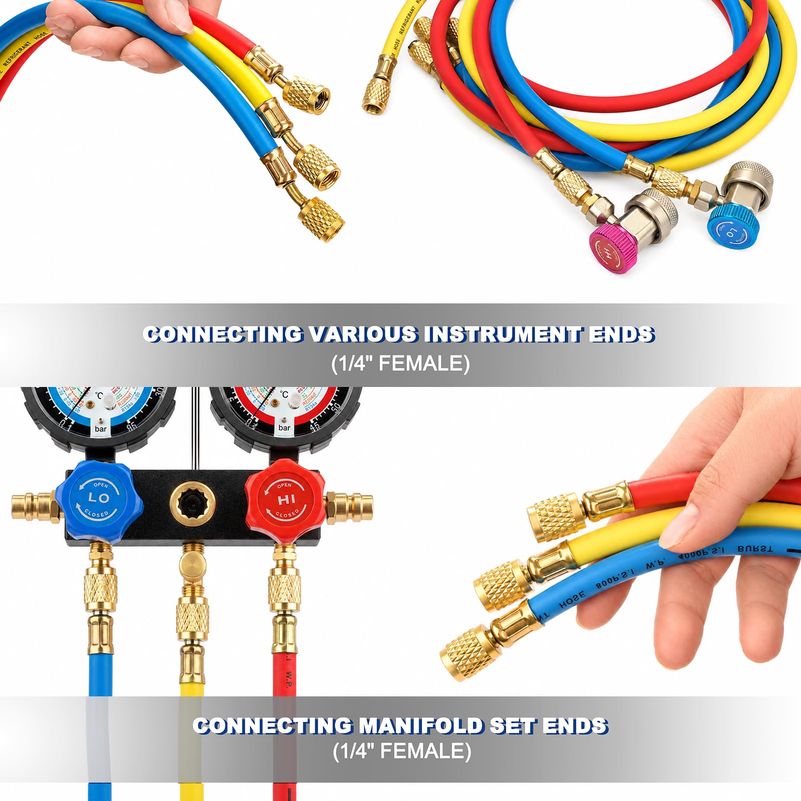 BACOENG Set Manometri Condizionatori, Kit Ricarica Aria Condizionata Auto con 1.5m Tubi per Auto Strumenti Diagnostici, Manifold Gauge Kit per R1234YF R32 R134A R410A Refrigerante