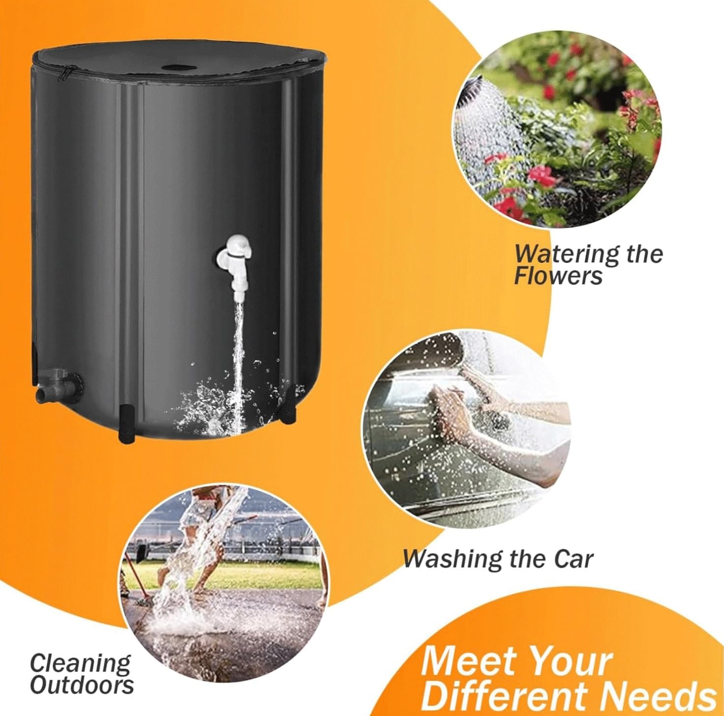Cubo Plegable para La Recogida De Agua De Lluvia con Cremallera Y Filtro, Depósito De Agua, A Prueba De Fugas | para La Recogida De Agua De Lluvia De Bajantes De Jardín(Black,500l)