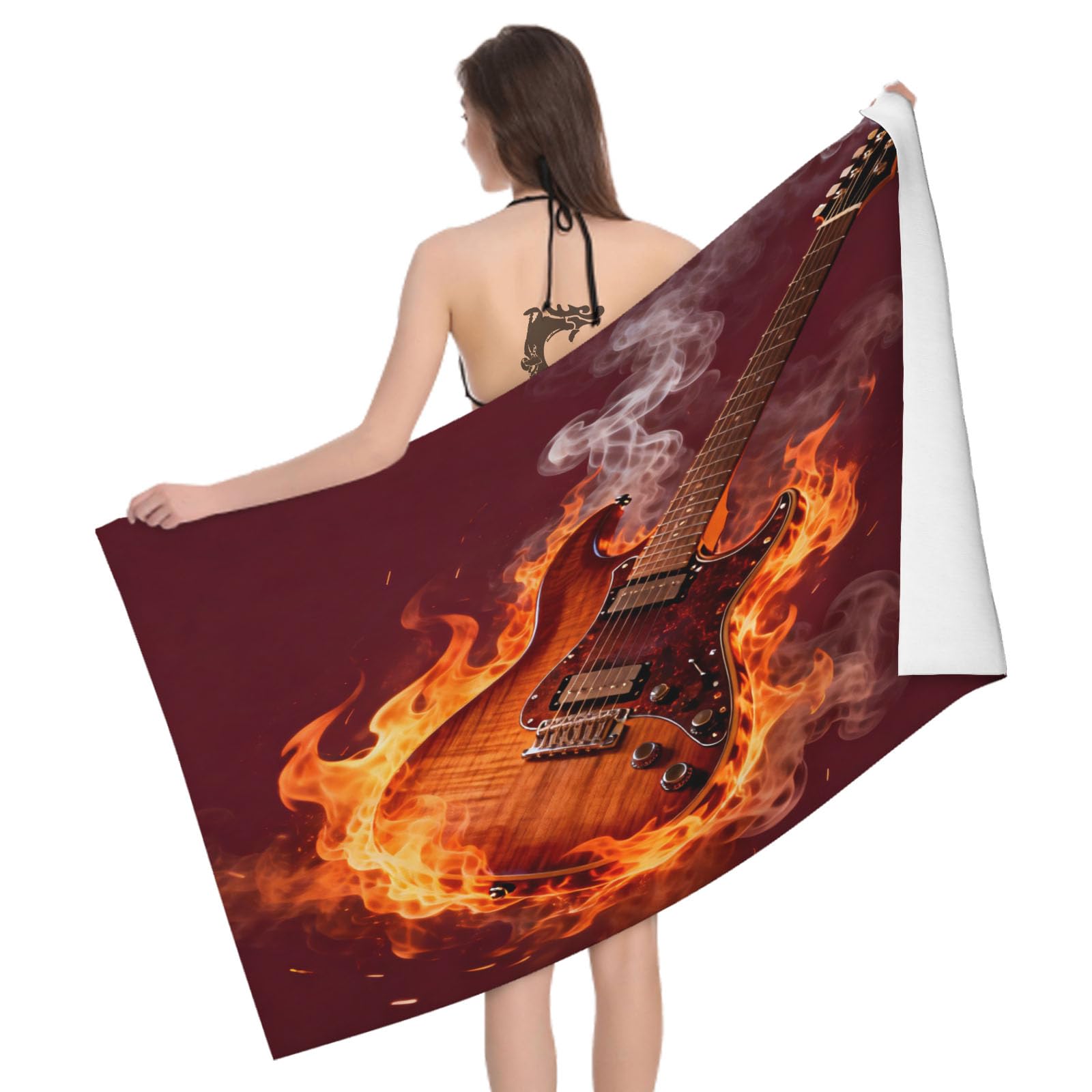 Leichong 3D Electric Guitar Beach Towel Large Microfiber Soft Quick Dry for Adults, Flame Bath Towel Lightweight Soft Absorbent for Travel Swimming Pool Sports, 180 x 90 cm