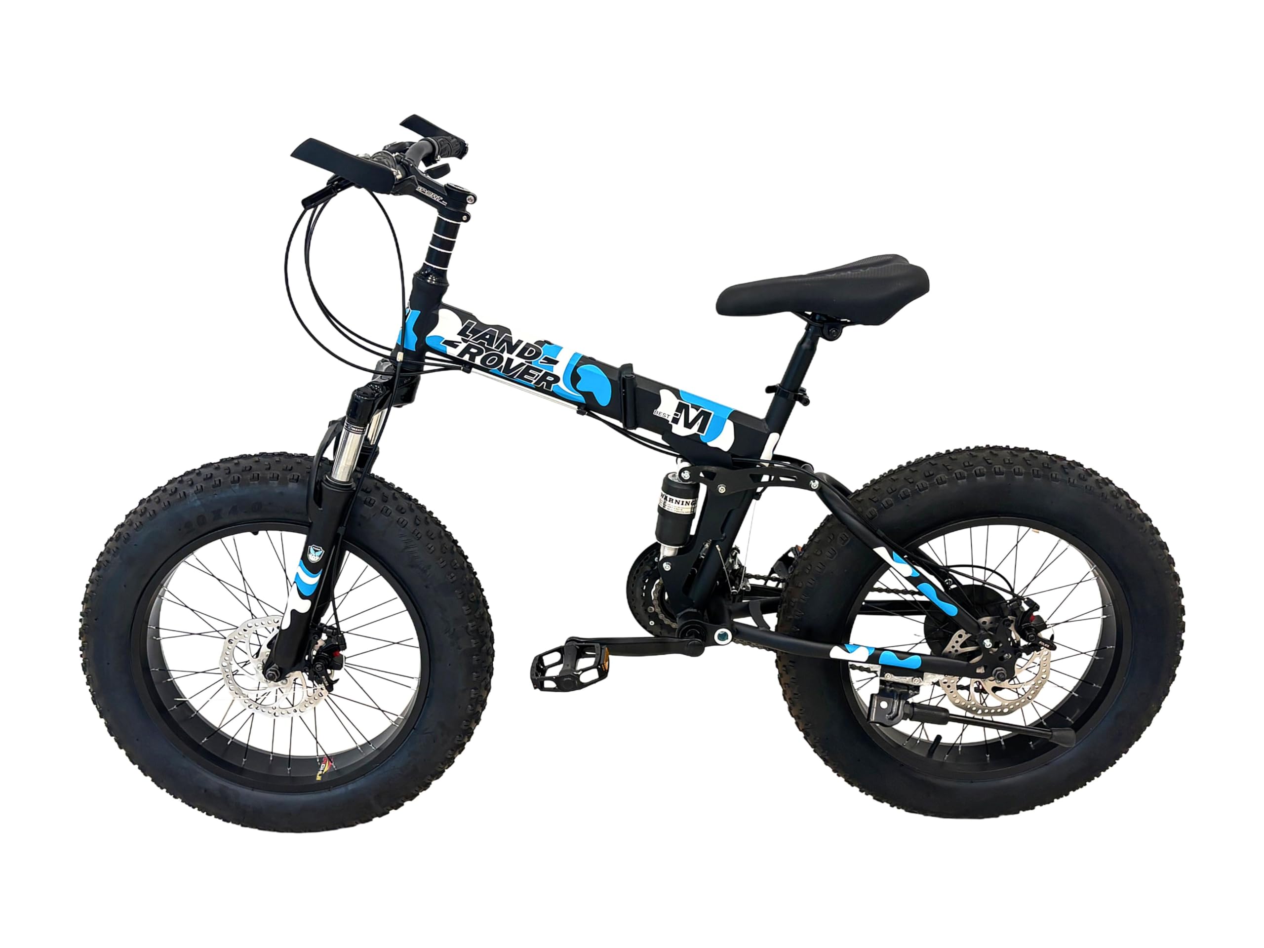 VLRA 20 inch Land Rover Fat Tire Mountain Bike, Black with Blue Accents, Disc Brake System, Wide All-Terrain Tires 21 speed