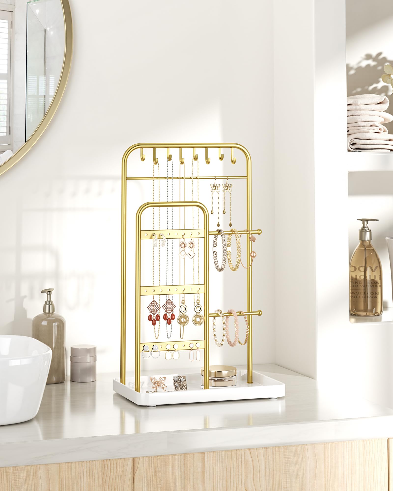 pickpiff Jewelry Holder Stand: Jewelry Display for Necklace, Bracelet, Earring, Ring, White & Gold