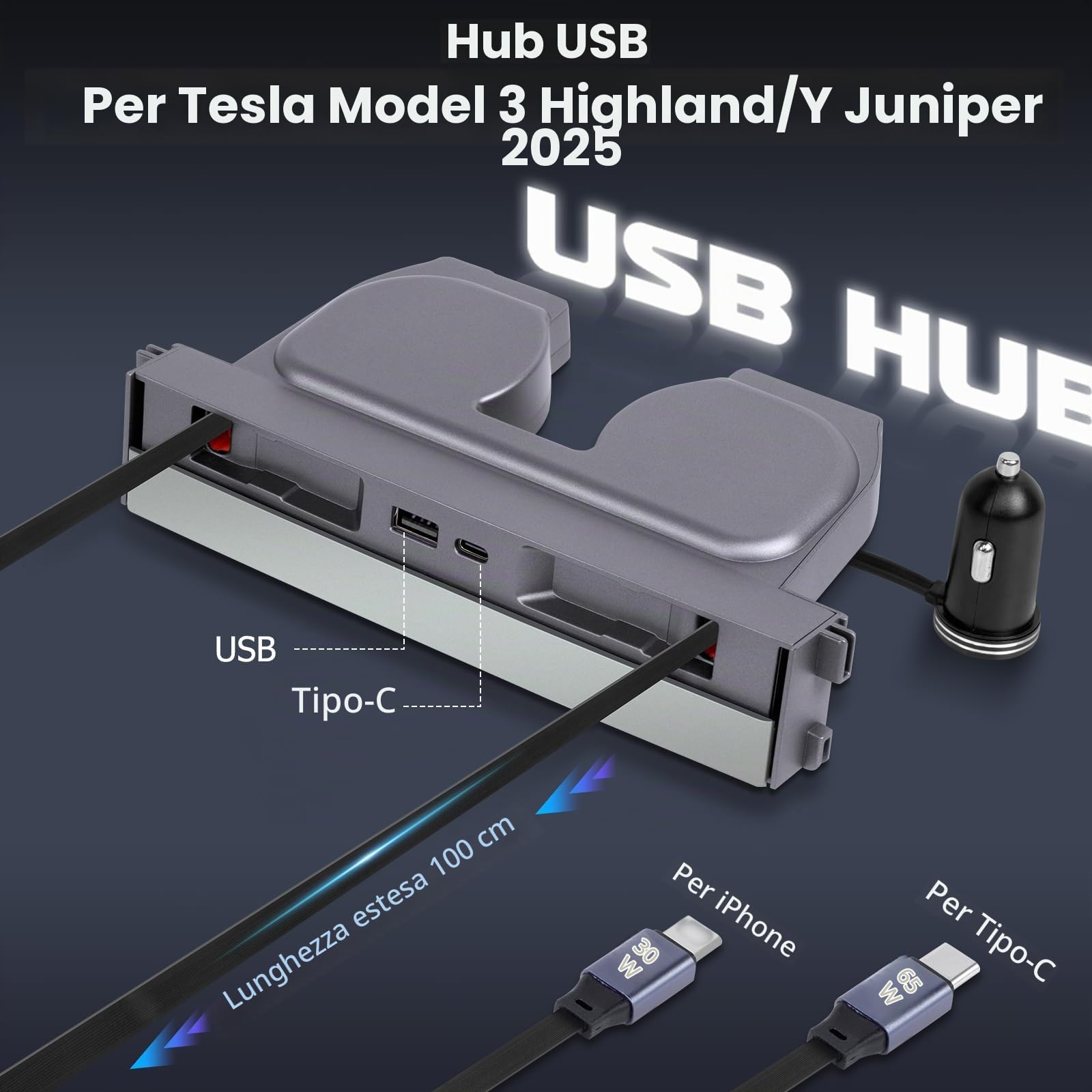 Hub di ricarica USB compatibile con Tesla Model 3 Highland 2024-2025/Model Y Juniper 2025+, 65W Caricabatterie per telefono retrattile a 4 porte Cavi di ricarica rapida per console centrale