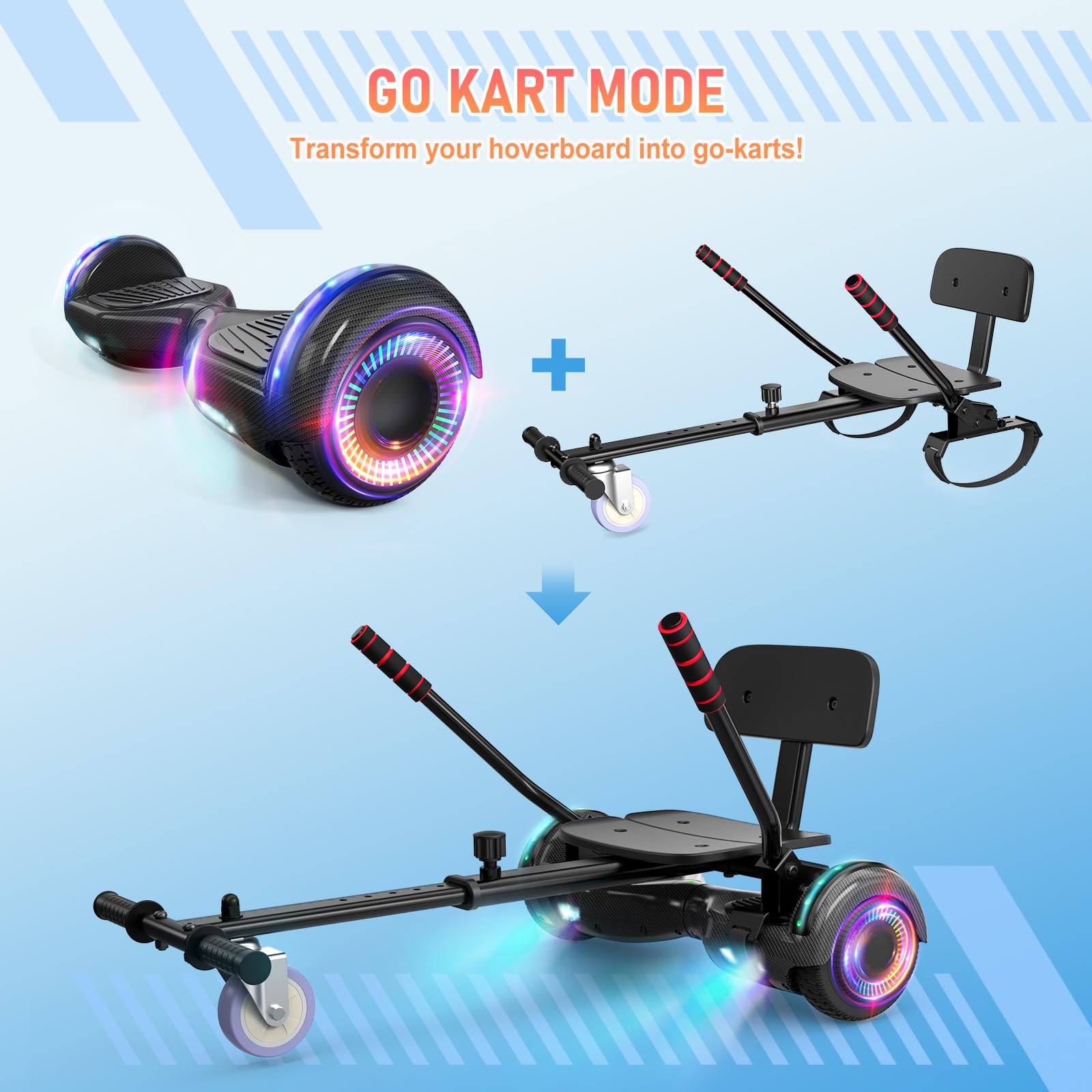 TST Hoverboard con asiento ajustable, patinete todoterreno autoequilibrado de 6,5 pulgadas, luces LED y Bluetooth