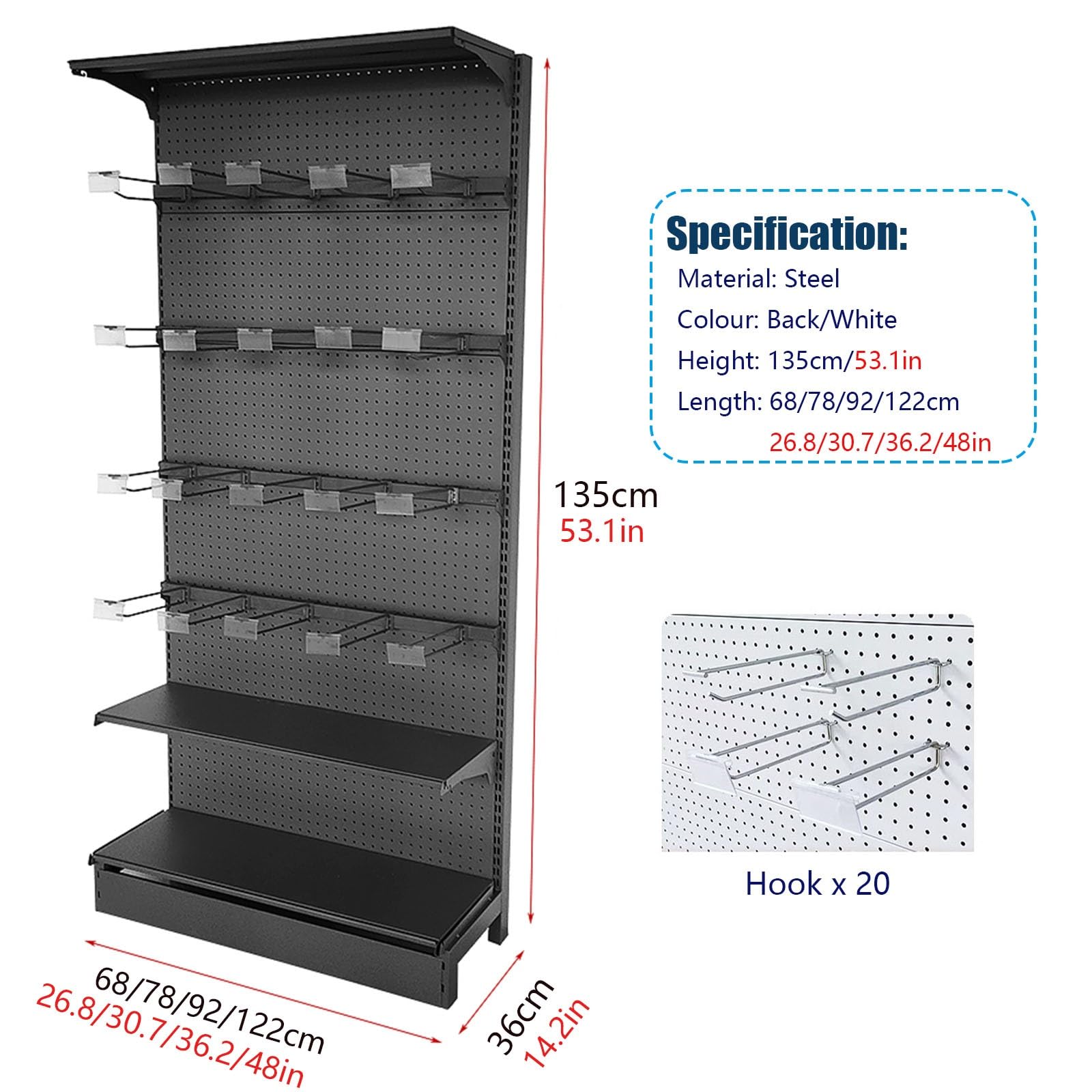 Gemüseregal für Küche 165 195 cm Lebensmittelregal-Organizer aus Stahl, Mehrzweck-Supermarkt-Lagerregale mit 4 Hakenreihen, Organisieren von Snacks, Getränken, Trockenwaren und Küchenzubehör, Regalst